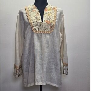 Vintage Kennington California Womens Blouse Large Cream Floral Trim Boho Prairie